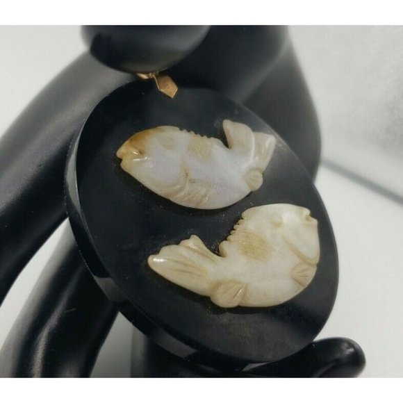 OOAK Green Carved Fish Jadeite Jade Black Onyx Round 14K Yellow Gold Pendant - Picture 2 of 12